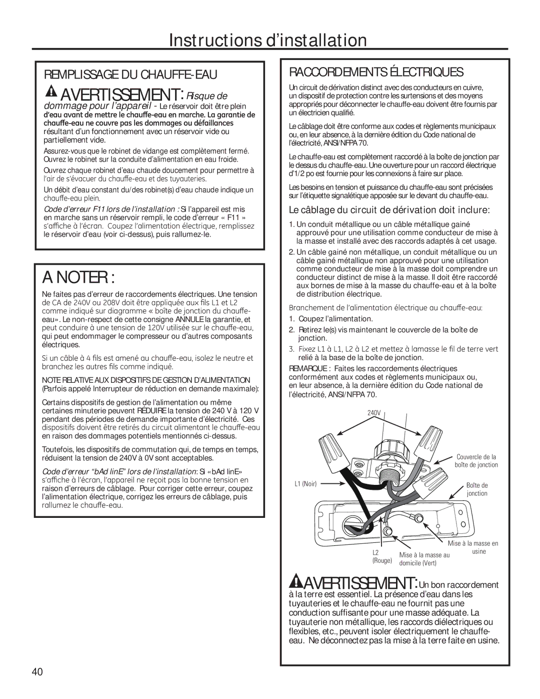 GE 49-50292 Remplissage DU CHAUFFE-EAU, Raccordements Électriques, Le câblage du circuit de dérivation doit inclure 