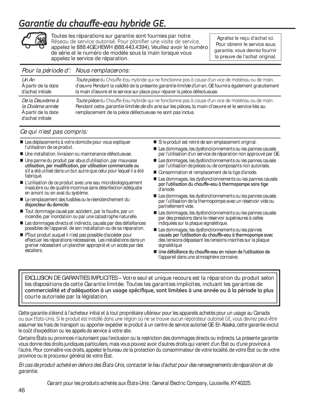 GE 49-50292 Pour la période d’ Nous remplacerons, Ce qui n’est pas compris, Un An, De la Deuxième à, La Dixième année 