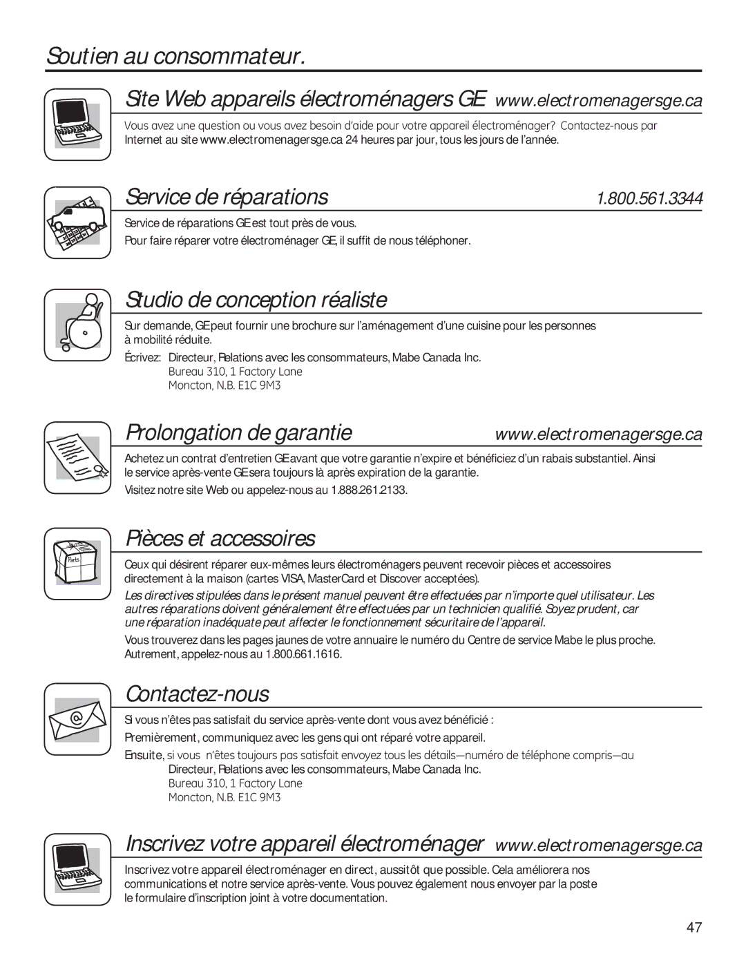 GE 49-50292 owner manual Soutien au consommateur Service de réparations, Prolongation de garantie 