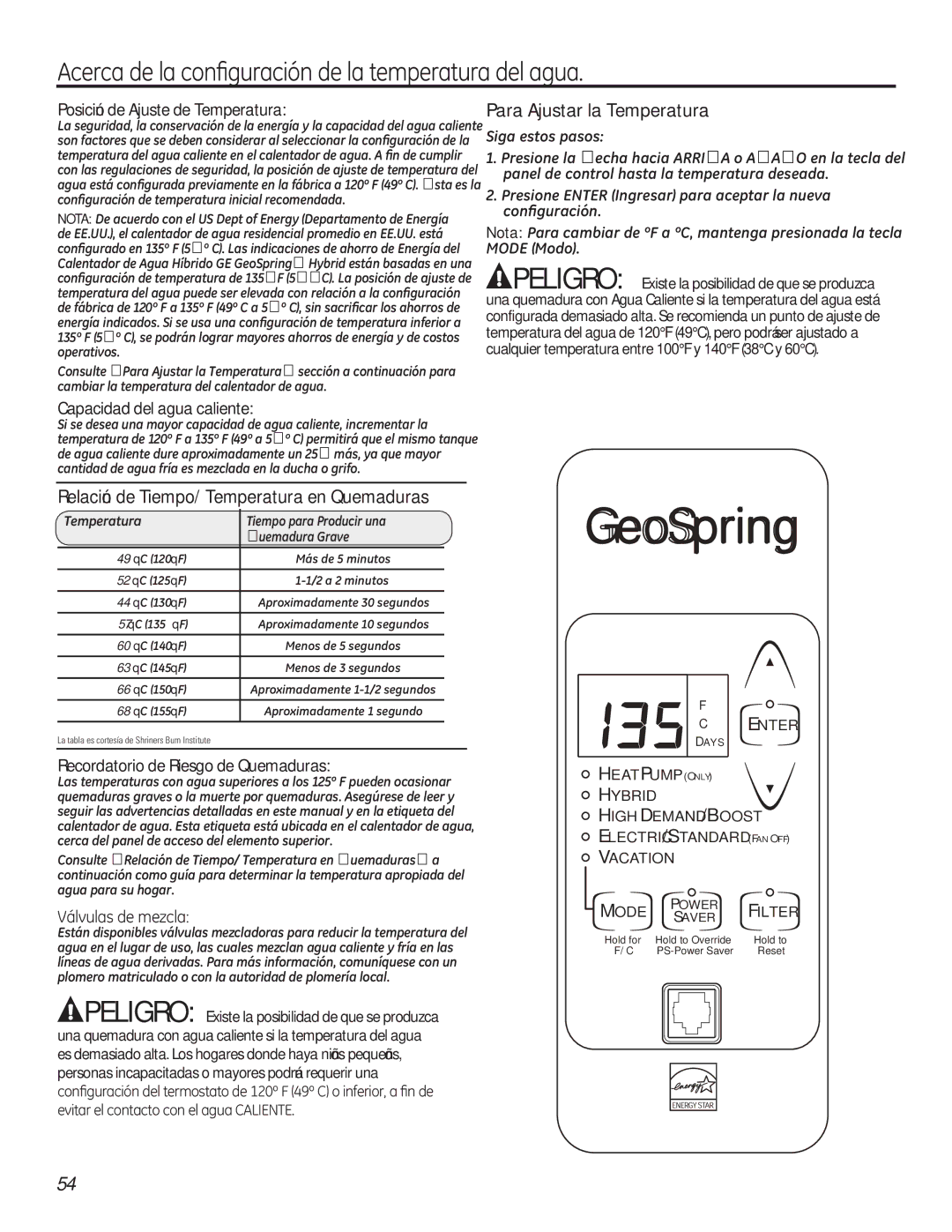 GE 49-50292 owner manual Para Ajustar la Temperatura, Relación de Tiempo/ Temperatura en Quemaduras 