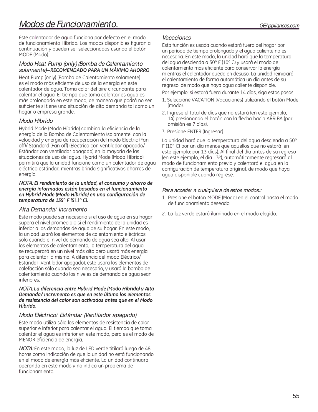 GE 49-50292 Modos de Funcionamiento, Modo Híbrido, Alta Demanda/ Incremento, Modo Eléctrico/ Estándar Ventilador apagado 