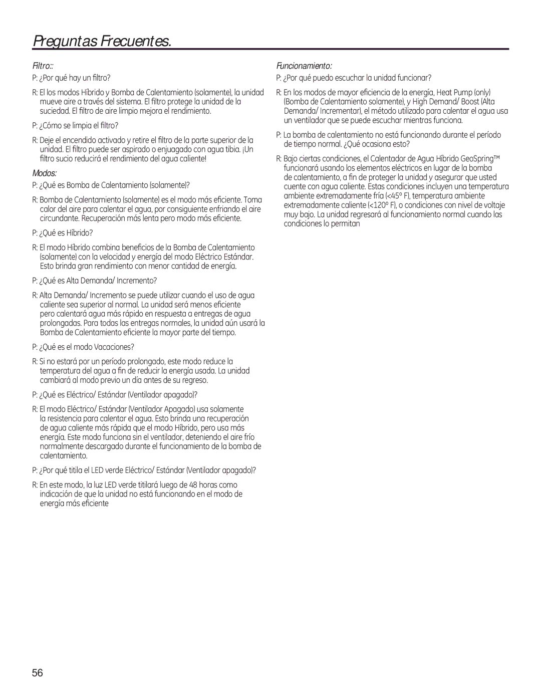 GE 49-50292 Preguntas Frecuentes, Filtro Funcionamiento ¢3RUTXpKD\XQ¿OWUR, Modos, FrqglflrqhvOrShuplwdq 