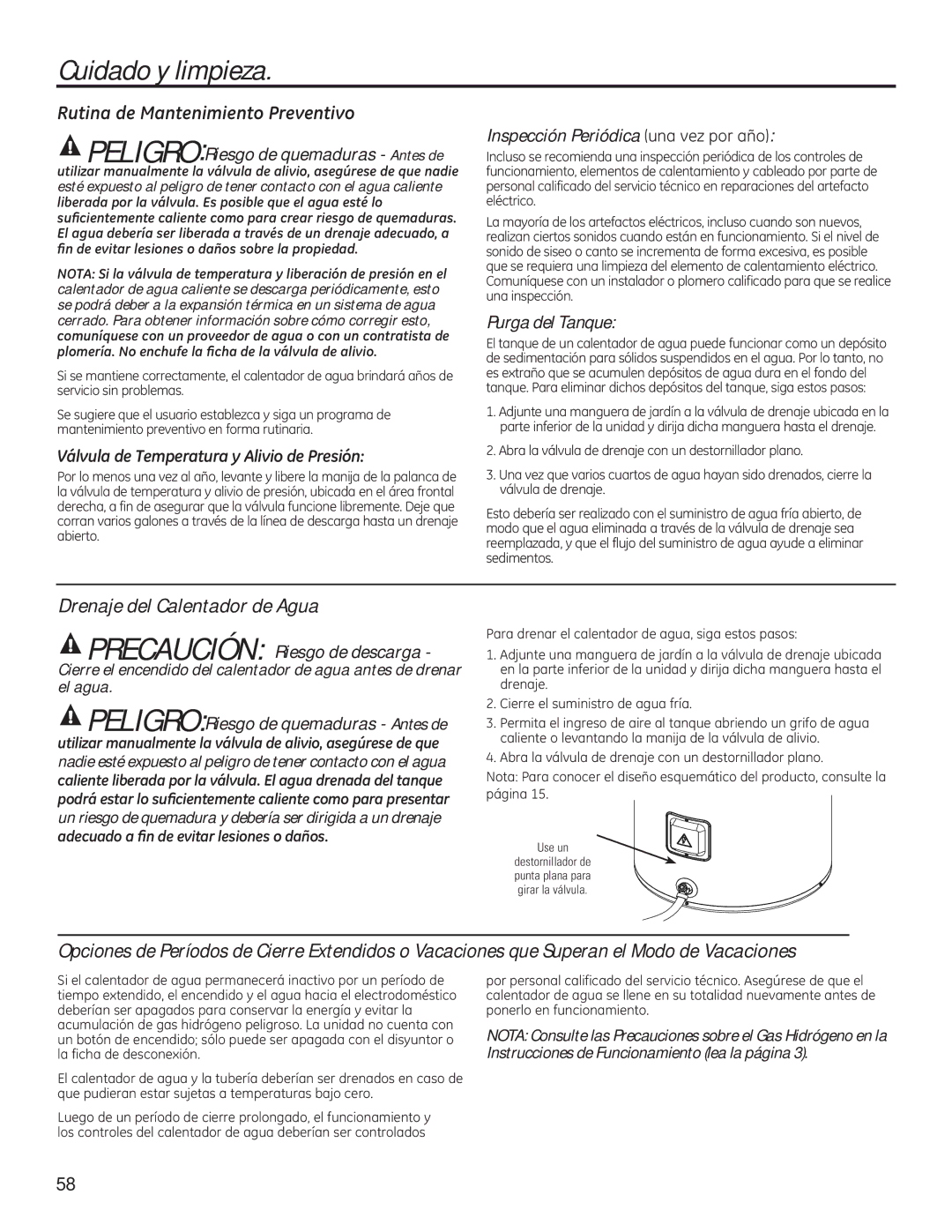 GE 49-50292 Cuidado y limpieza, Drenaje del Calentador de Agua, Inspección Periódica XQDYHSRUDxR, Purga del Tanque 