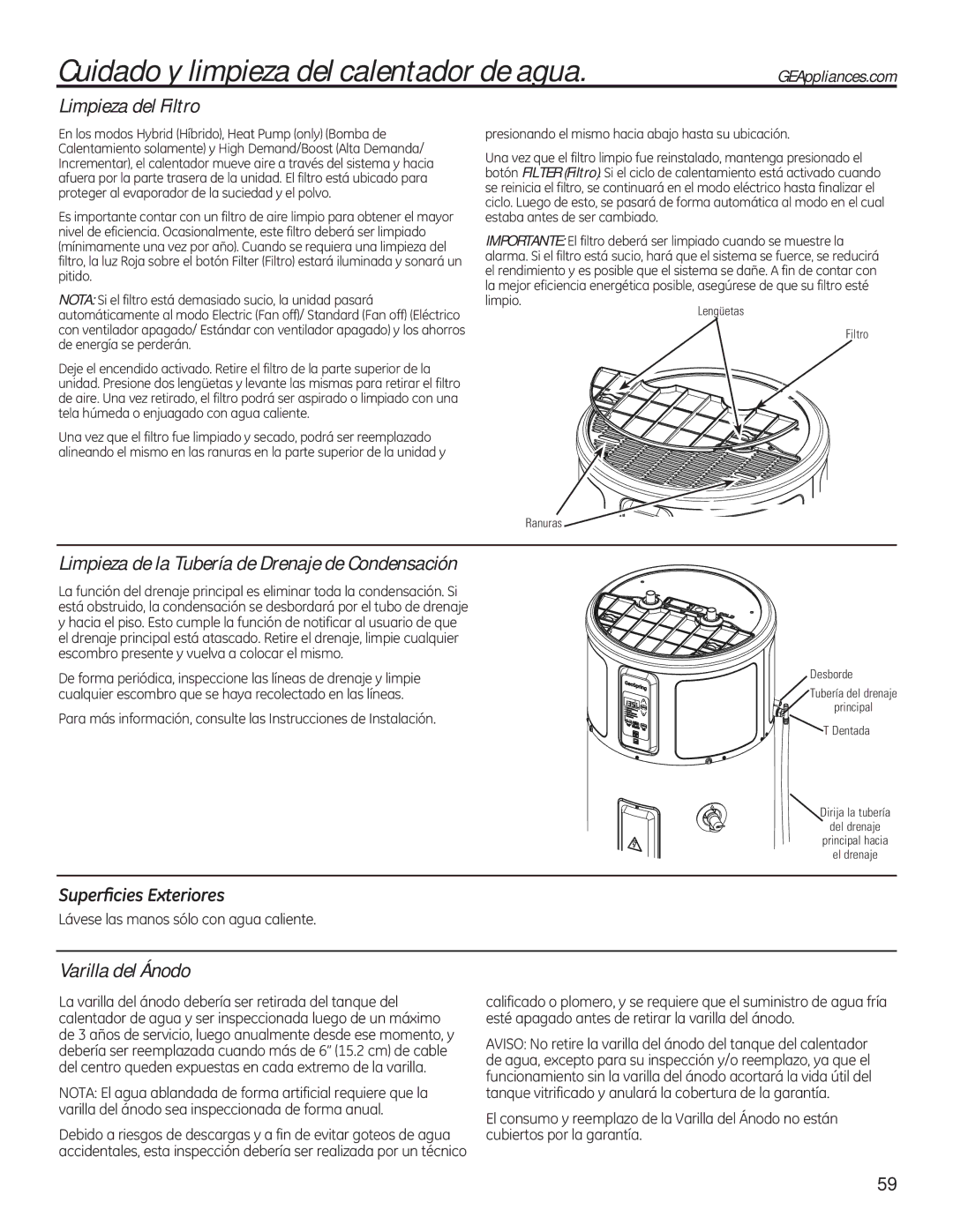 GE 49-50292 owner manual Cuidado y limpieza del calentador de agua, Limpieza del Filtro, Varilla del Ánodo 