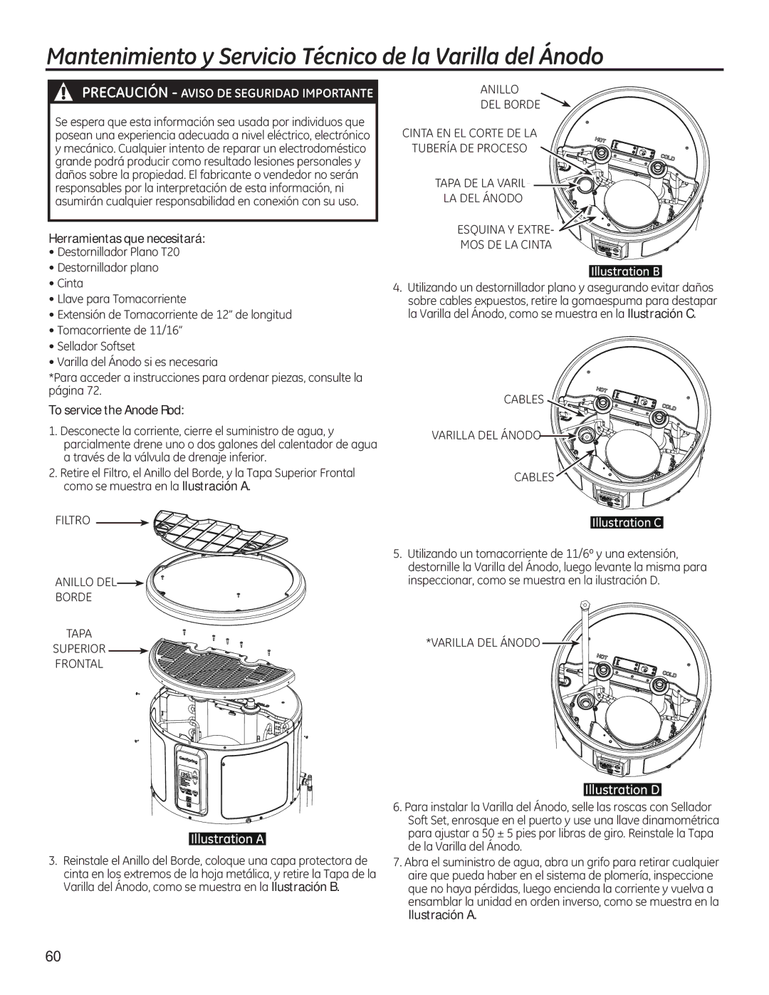 GE 49-50292 owner manual To service the Anode Rod, $%/6 $5,//$/È122, Ilustración a 