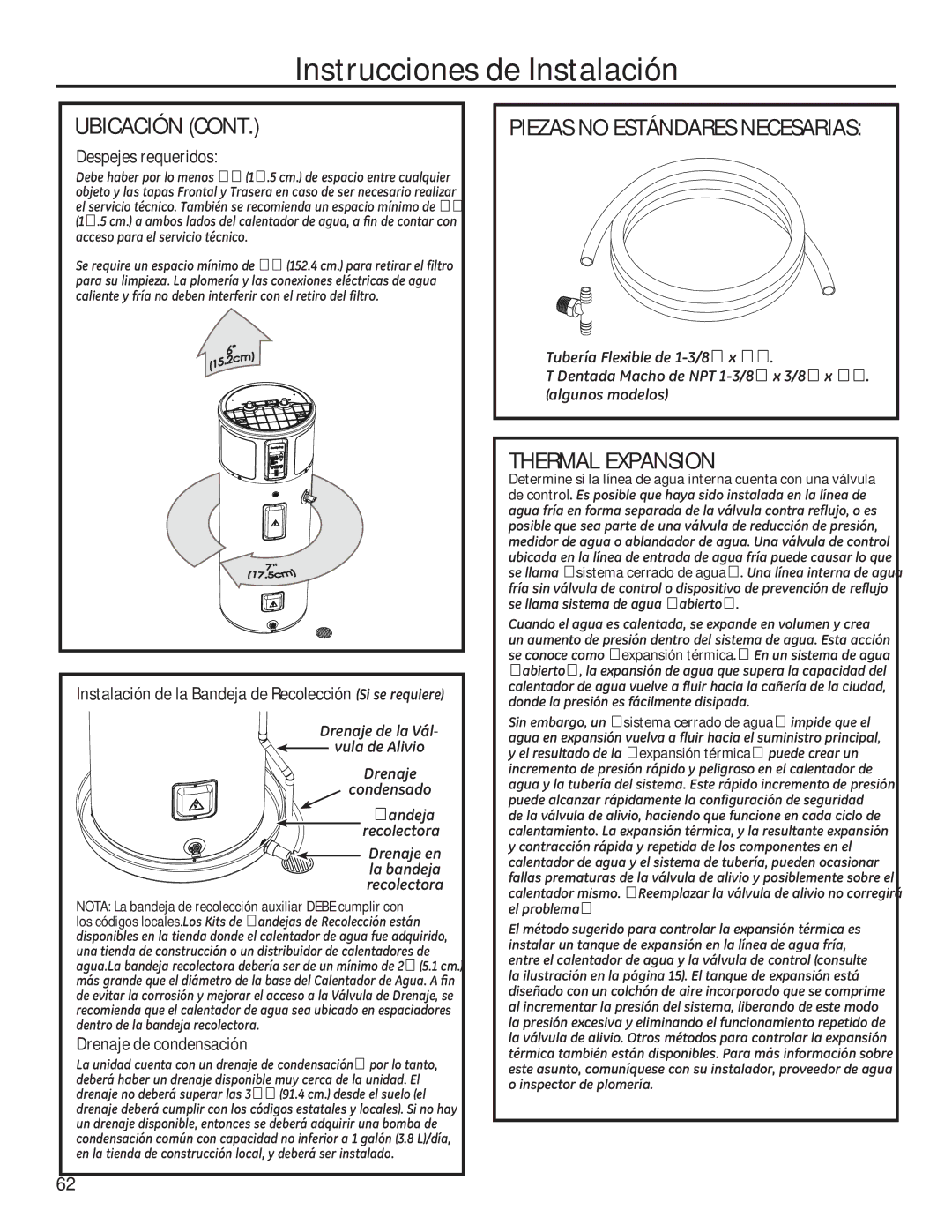 GE 49-50292 owner manual Piezas no Estándares Necesarias, Thermal Expansion, Despejes requeridos, Drenaje de condensación 