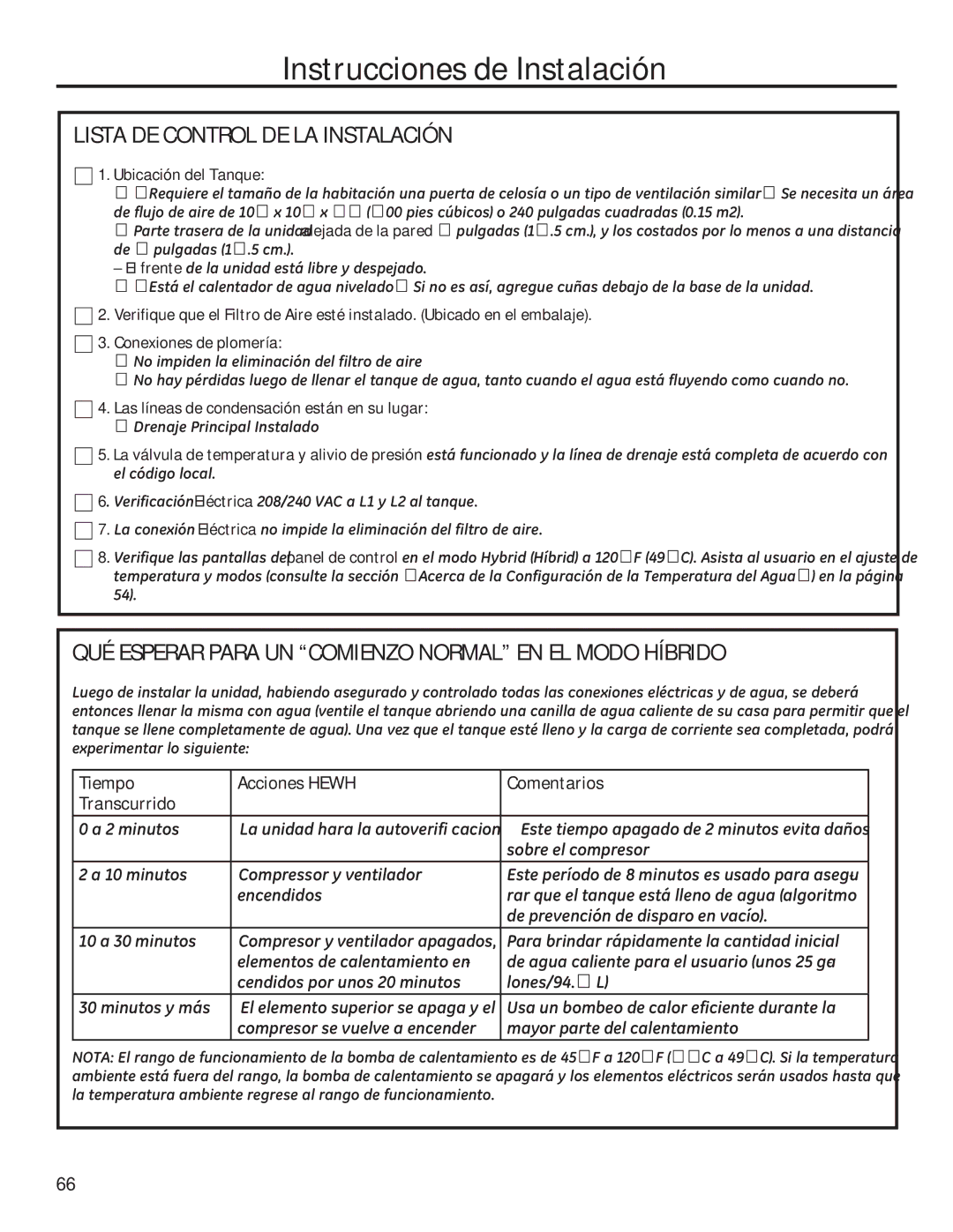 GE 49-50292 owner manual Lista DE Control DE LA Instalación, QUÉ Esperar Para UN Comienzo Normal EN EL Modo Híbrido 