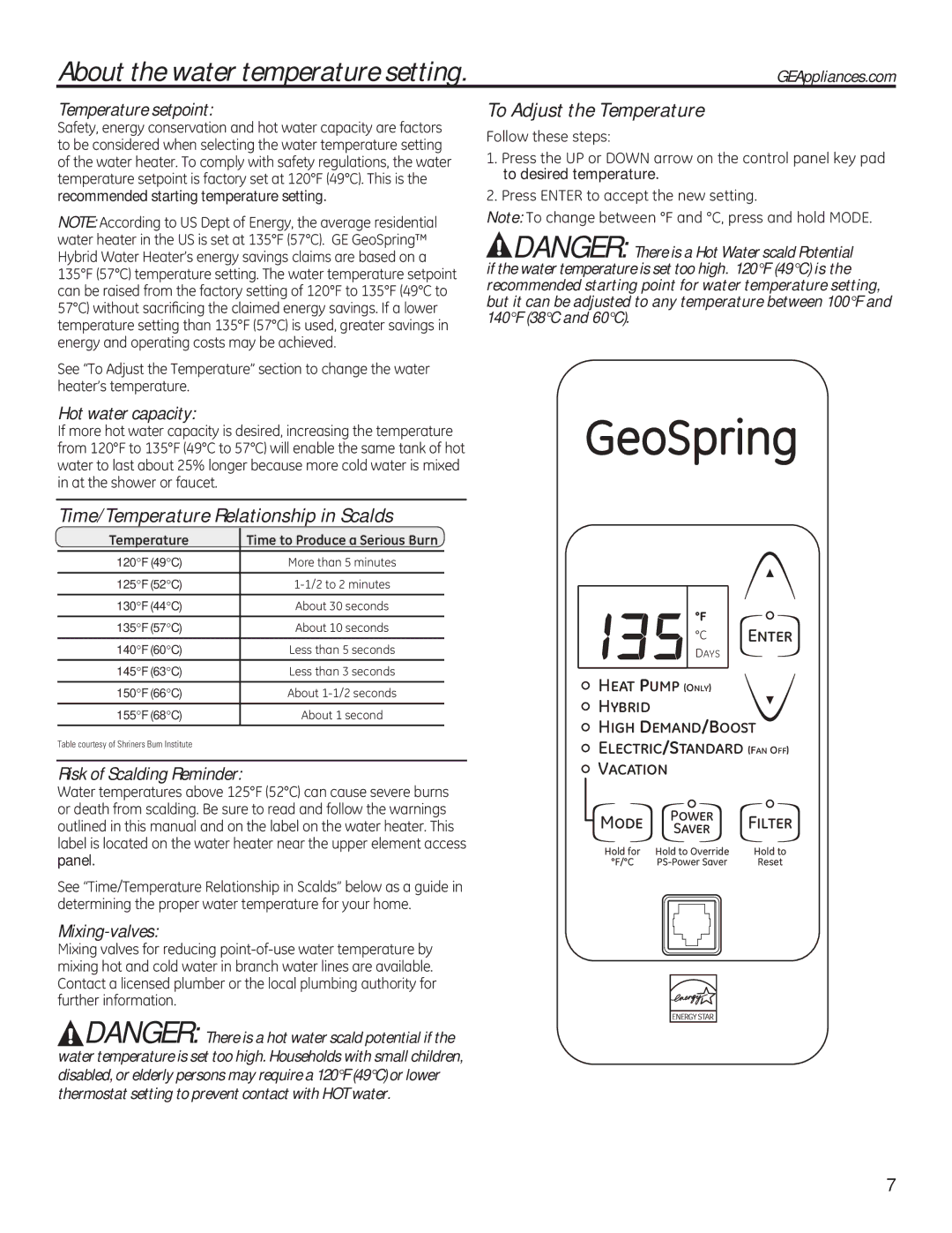 GE 49-50292 About the water temperature setting, To Adjust the Temperature, Time/Temperature Relationship in Scalds 