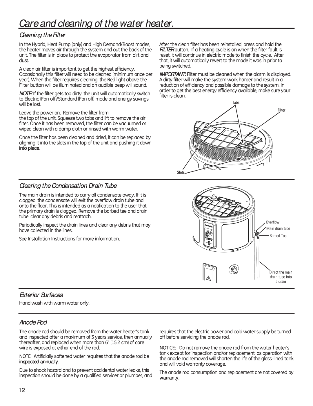 GE 49-50292 Care and cleaning of the water heater, Cleaning the Filter, Clearing the Condensation Drain Tube, Anode Rod 
