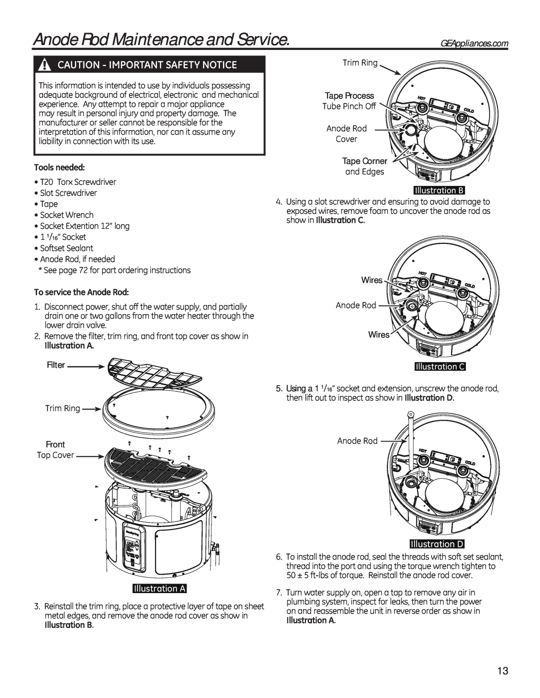 GE 49-50292 Anode Rod Maintenance and Service, Caution - Important Safety Notice, Illustration A, Illustration D 