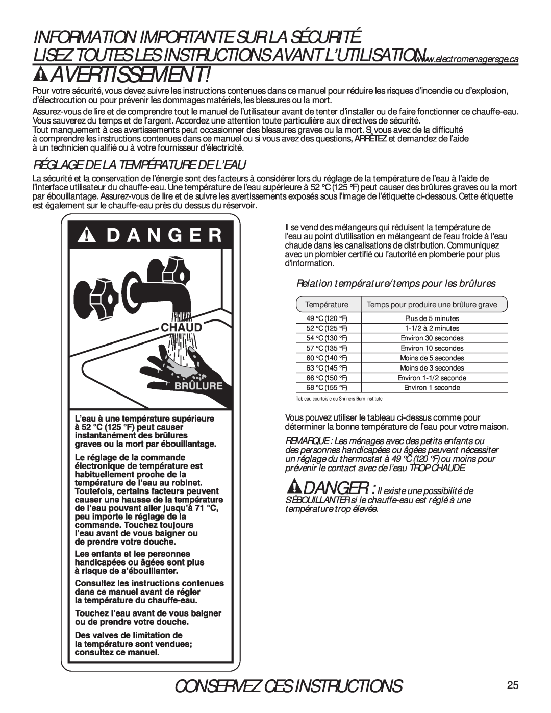 GE 49-50292 owner manual Avertissement, Information Importante Sur La Sécurité, Conservez Ces Instructions 