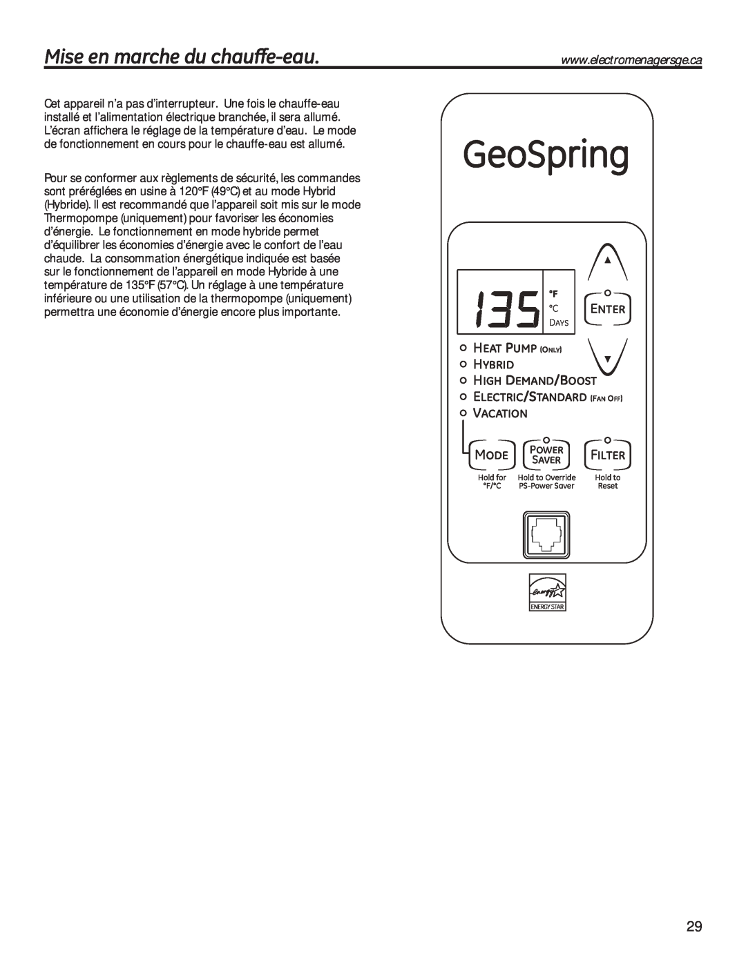 GE 49-50292 owner manual 0LVHHQPDUFKHGXFKDXȺHHDX, GeoSpring, C Enter, Vacation, Mode, Power, Filter, Saver 