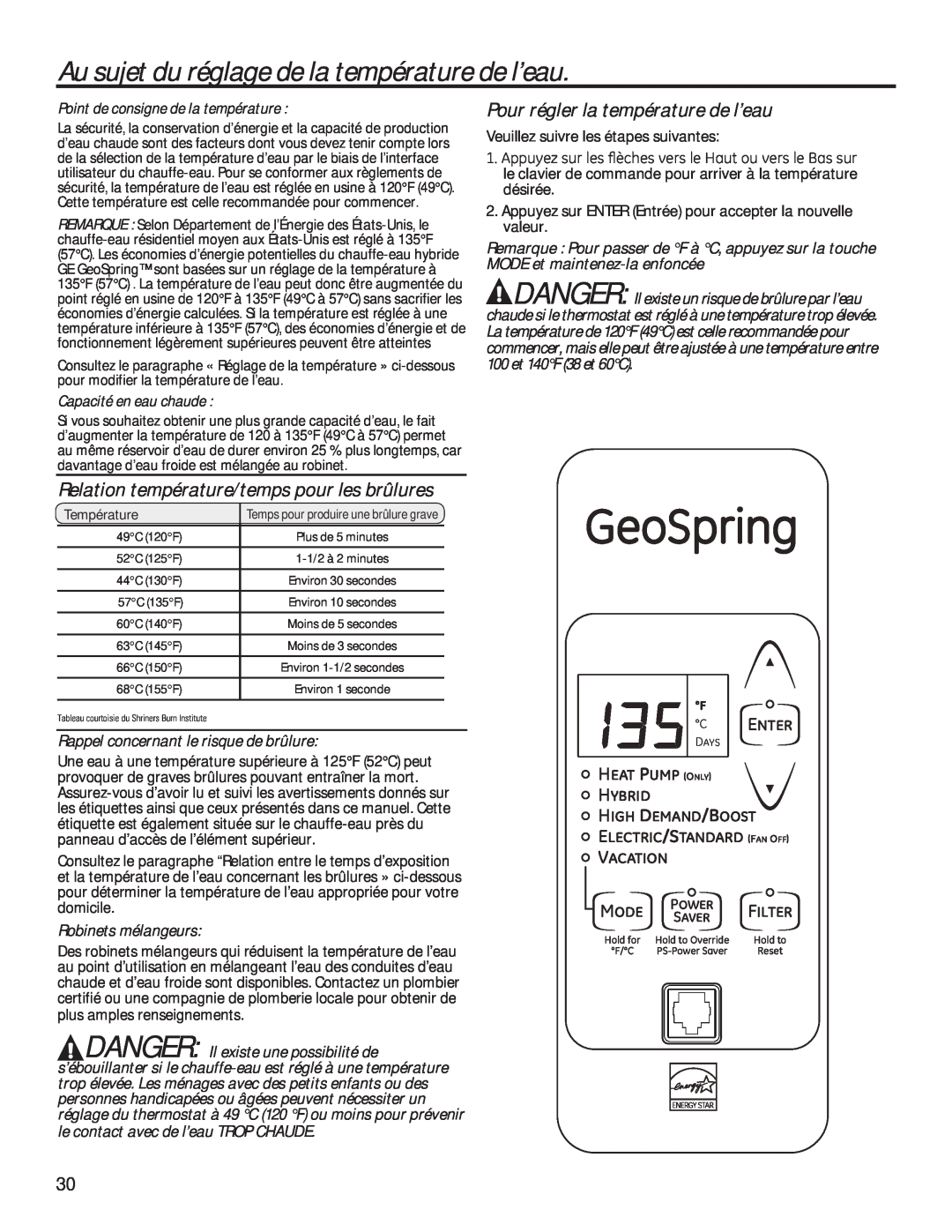 GE 49-50292 Au sujet du réglage de la température de l’eau, Relation température/temps pour les brûlures, GeoSpring, Mode 