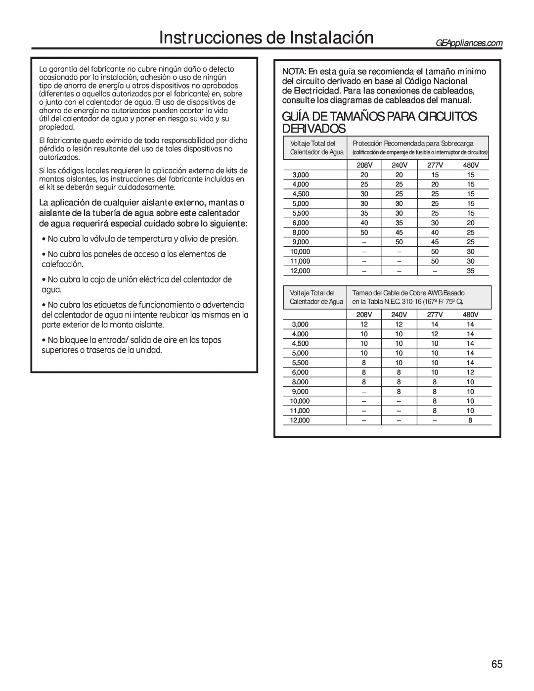 GE 49-50292 Guía De Tamaños Para Circuitos Derivados, Instrucciones de Instalación, VxshulruhvRWudvhudvGhOdXqlgdg 