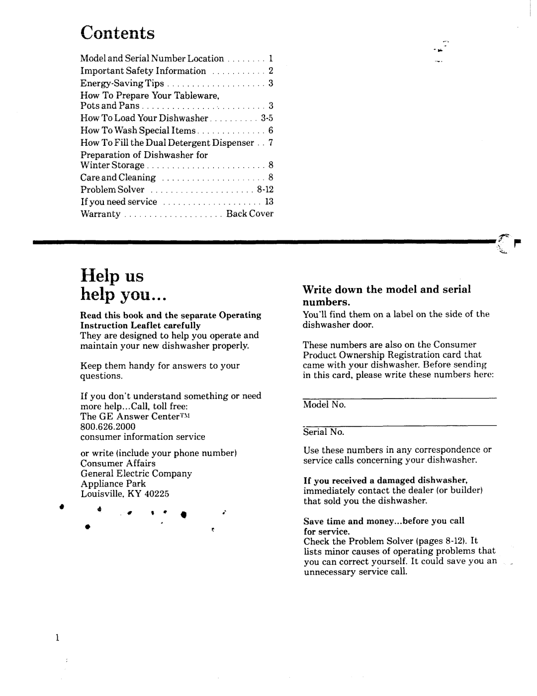 GE 49-5301-1 manual Contents 