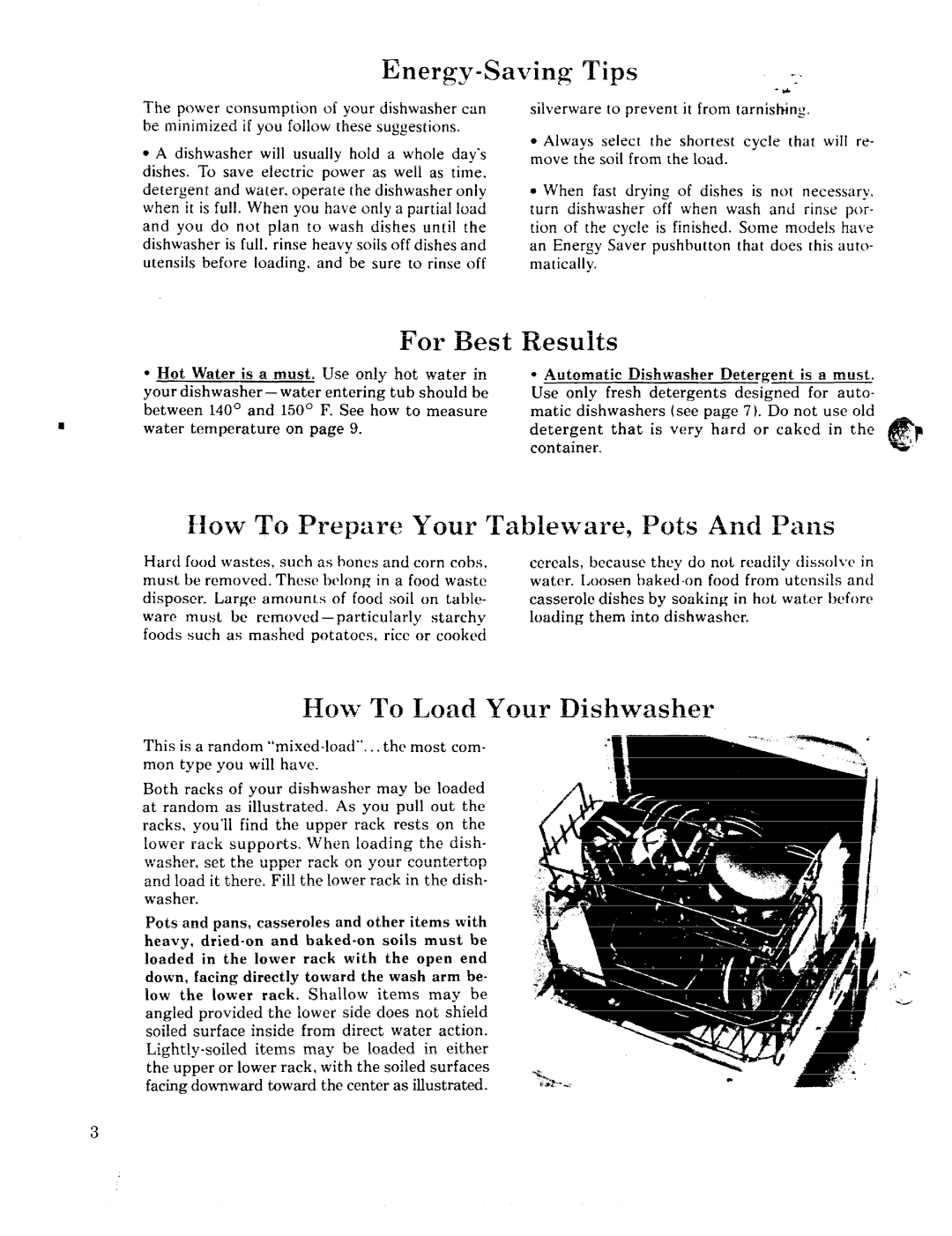 GE 49-5301-1 manual Energy-Saving Tips, For Best, How To Prepare Your Tableware, Pots And Pam, How To Load Your Dishwasher 