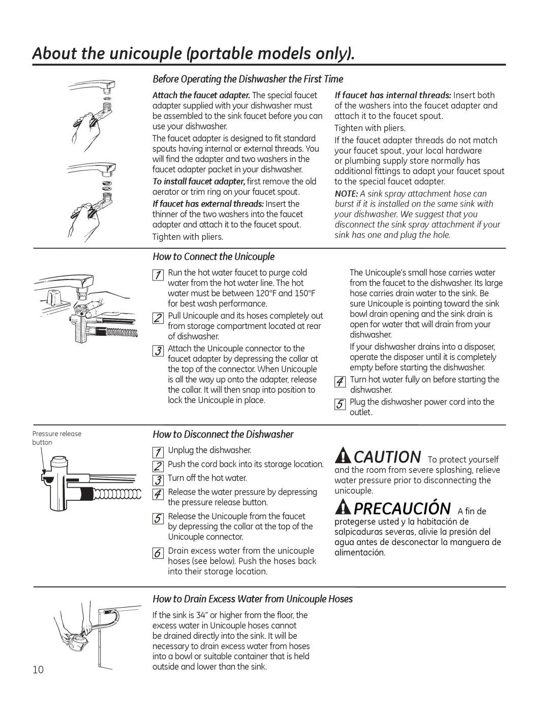 GE 49-55077 owner manual HIRUH2SHUDWLQJWKHLVKZDVKHUWKHLUVW7LPH, +RZWRUDLQFHVVDWHUIURP8QLFRXSOH+RVHV 