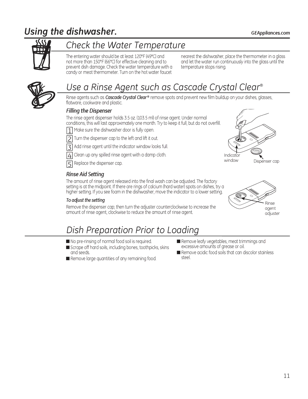 GE 49-55077 owner manual 8VLQJWKHGLVKZDVKHU, LoolqjWkhLvshqvhu, 5LQVH$LG6HWWLQJ, IodwzduhFrrnzduhDqgSodvwlf 