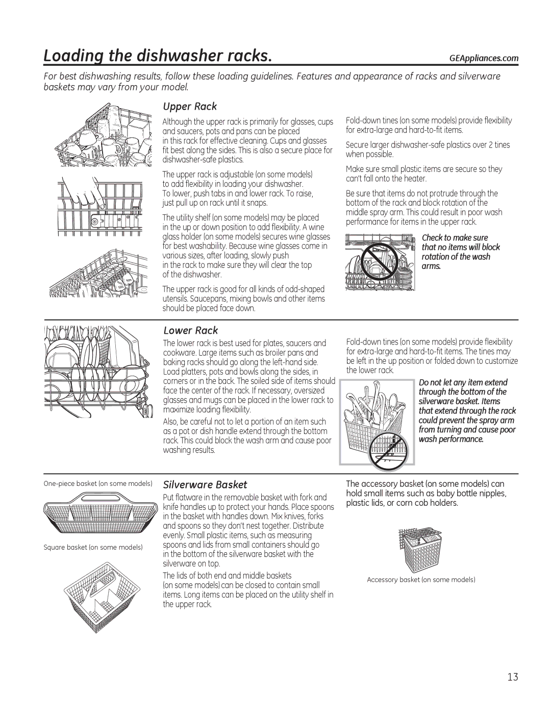 GE 49-55077 owner manual RdglqjWkhGlvkzdvkhuUdfnv, 8SSHU5DFN, RZHU5DFN, 6LOYHUZDUH%DVNHW 