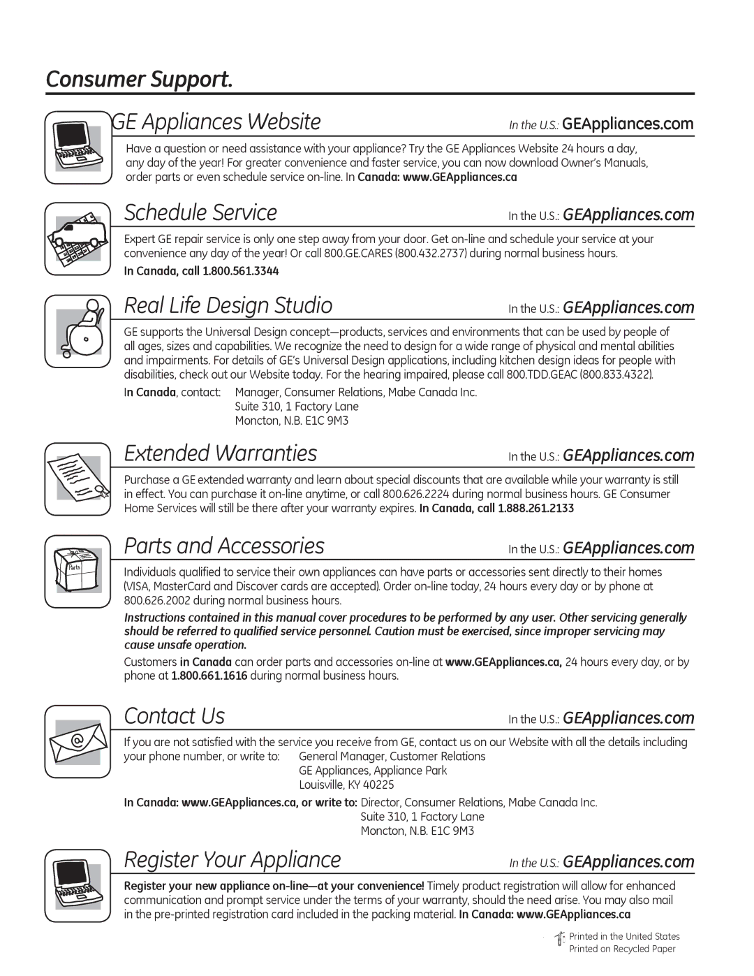 GE 49-55077 owner manual RQVXPHU6XSSRUW, &DqdgdFdoo 