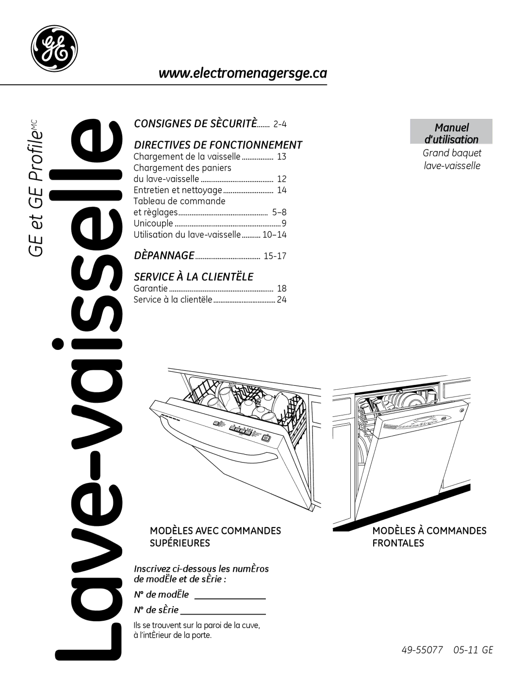 GE 49-55077 owner manual Consignes DE Sècuritè Directives DE Fonctionnement, Utilisation du lave-vaisselle 10-14 