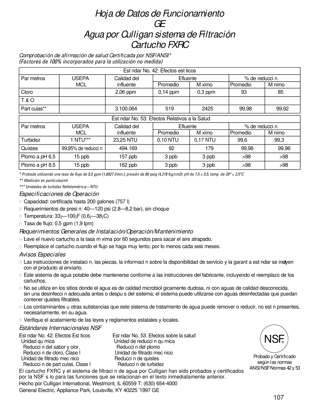 GE 24 CustomStyle, 49-60021-2 owner manual Especificaciones de Operación, Avisos Especiales, Estándares Internacionales NSF 