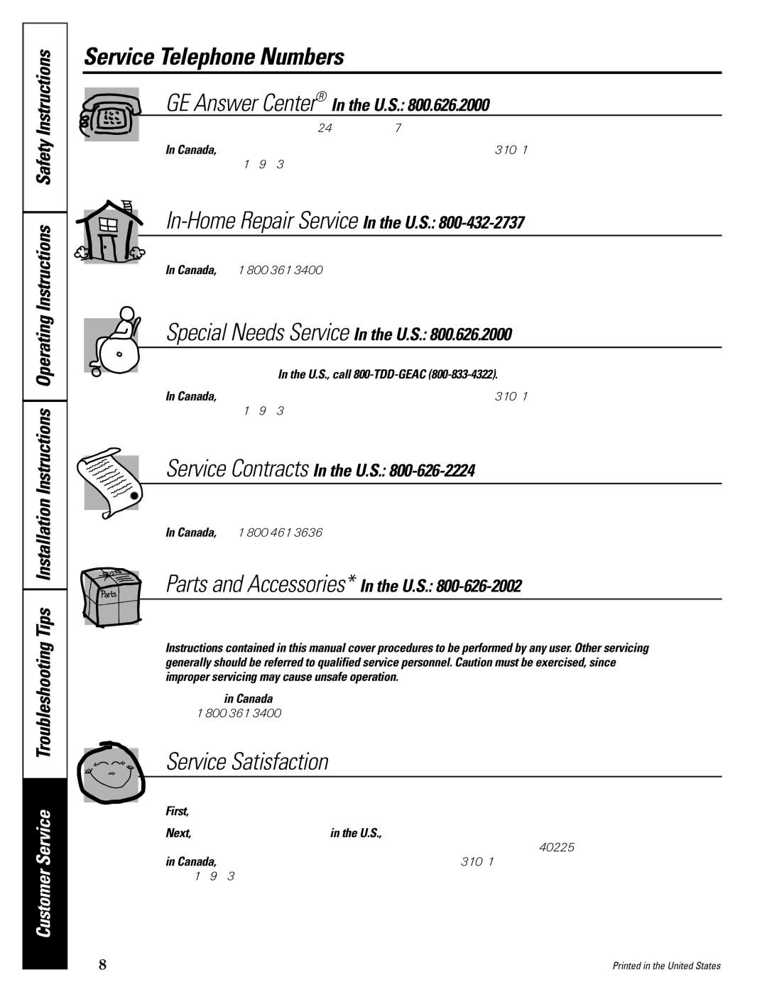 GE 49-60021-2, 162D9617P008, 24 CustomStyle owner manual Service Telephone Numbers, Service Satisfaction 