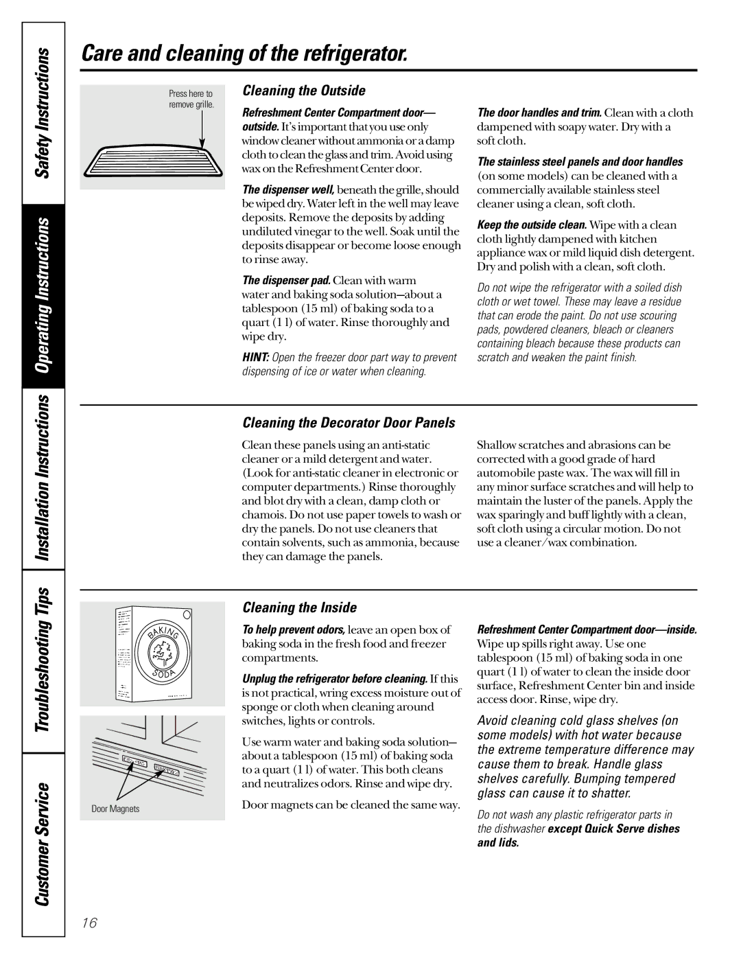 GE 162D9617P008, 49-60021-2 Care and cleaning of the refrigerator, Cleaning the Outside, Cleaning the Inside, Door Magnets 