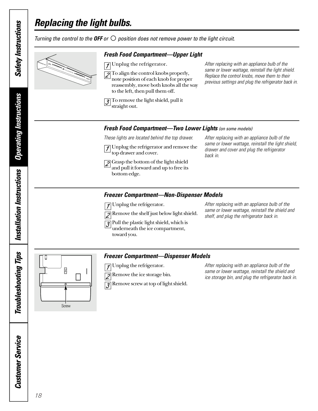 GE 49-60021-2, 162D9617P008, 24 CustomStyle Replacing the light bulbs, TroubleshootingTips InstallationInstructions 