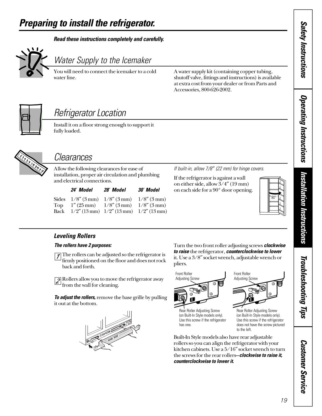 GE 162D9617P008, 49-60021-2 Preparing to install the refrigerator, Refrigerator Location, Clearances, Leveling Rollers 