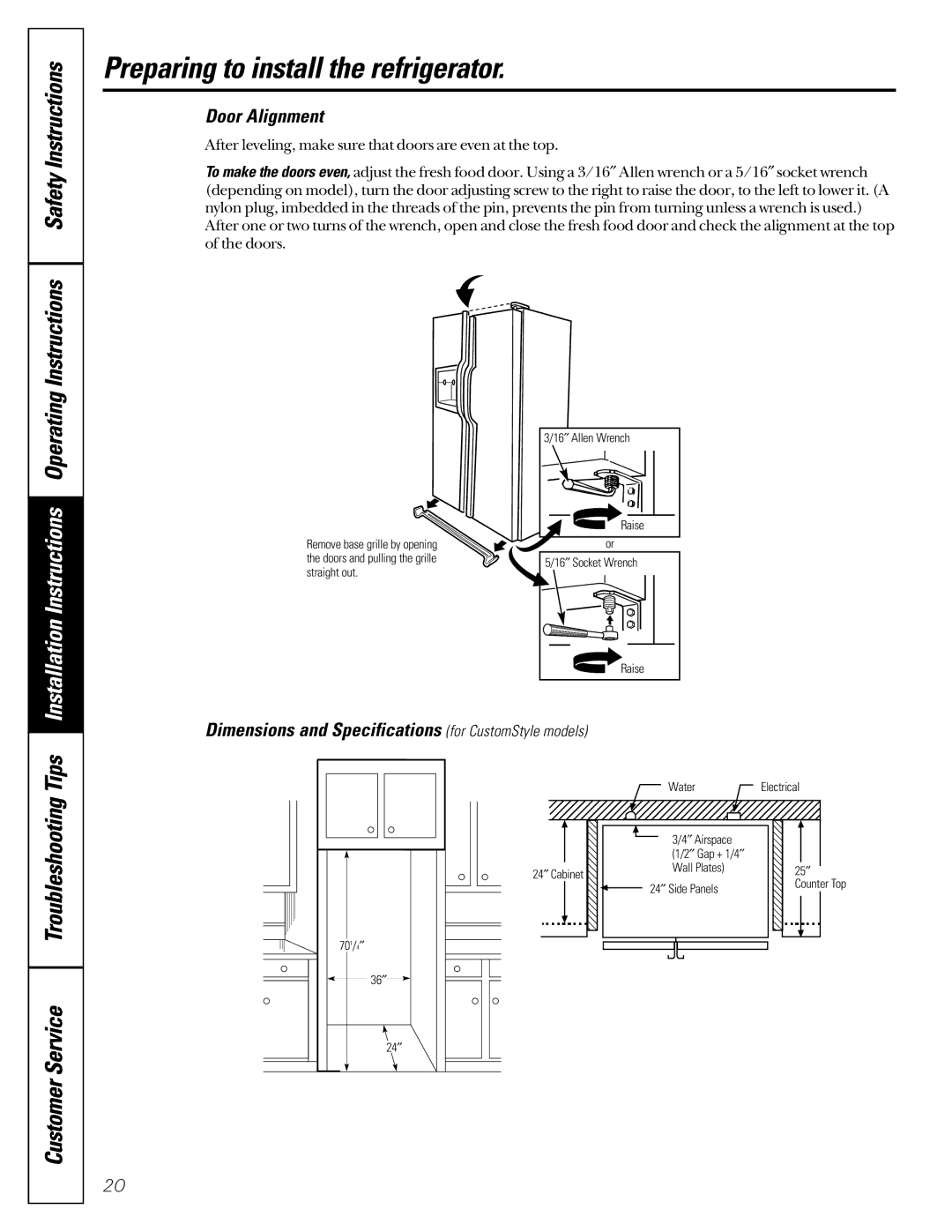 GE 24 CustomStyle Door Alignment, 24″ Cabinet 701/4″ 36″ Water Electrical ″ Airspace, Wall Plates 25″ 24″ Side Panels 