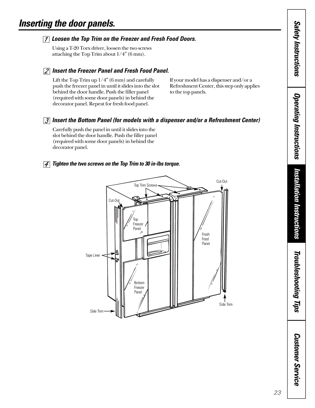 GE 24 CustomStyle, 49-60021-2 Inserting the door panels, Loosen the Top Trim on the Freezer and Fresh Food Doors 