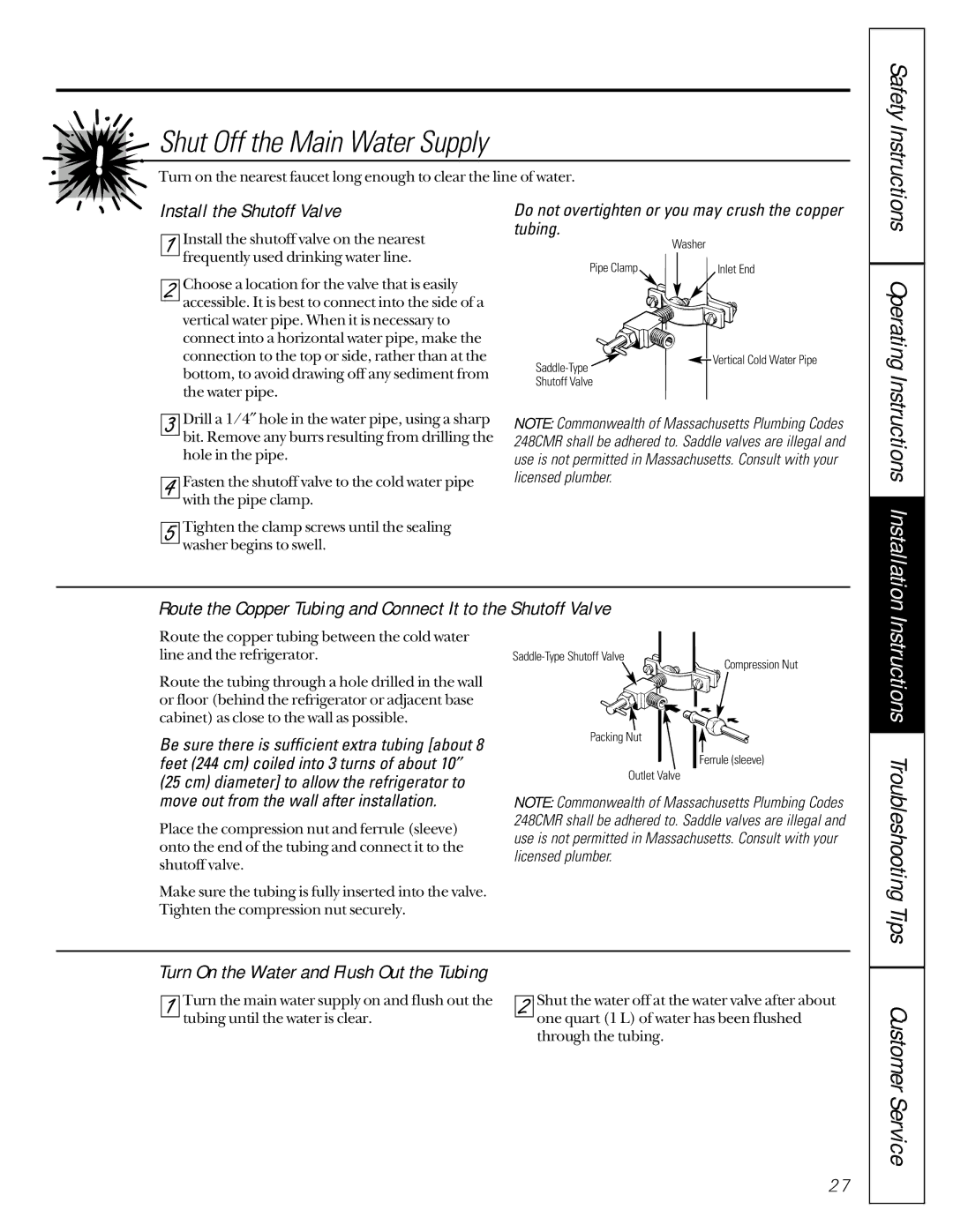 GE 49-60021-2, 162D9617P008, 24 CustomStyle owner manual Shut Off the Main Water Supply, Operating, Instructions Installation 