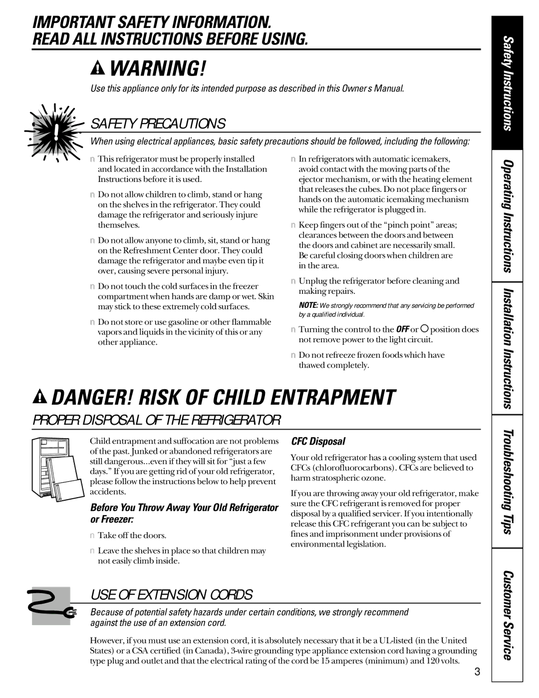 GE 49-60021-2, 162D9617P008 Troubleshooting Tips, Before You Throw Away Your Old Refrigerator or Freezer, CFC Disposal 