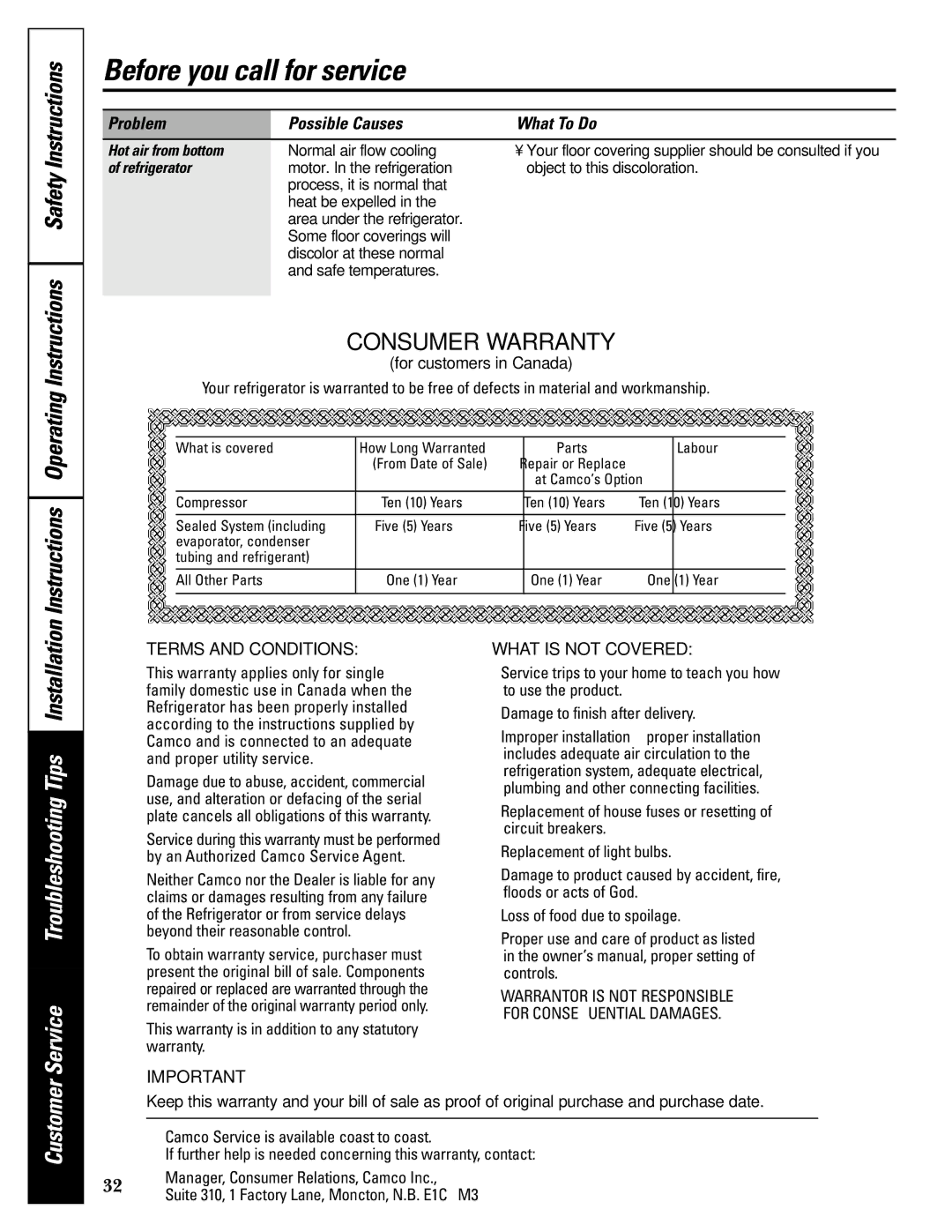 GE 24 CustomStyle, 49-60021-2, 162D9617P008 owner manual Hot air from bottom, Refrigerator 