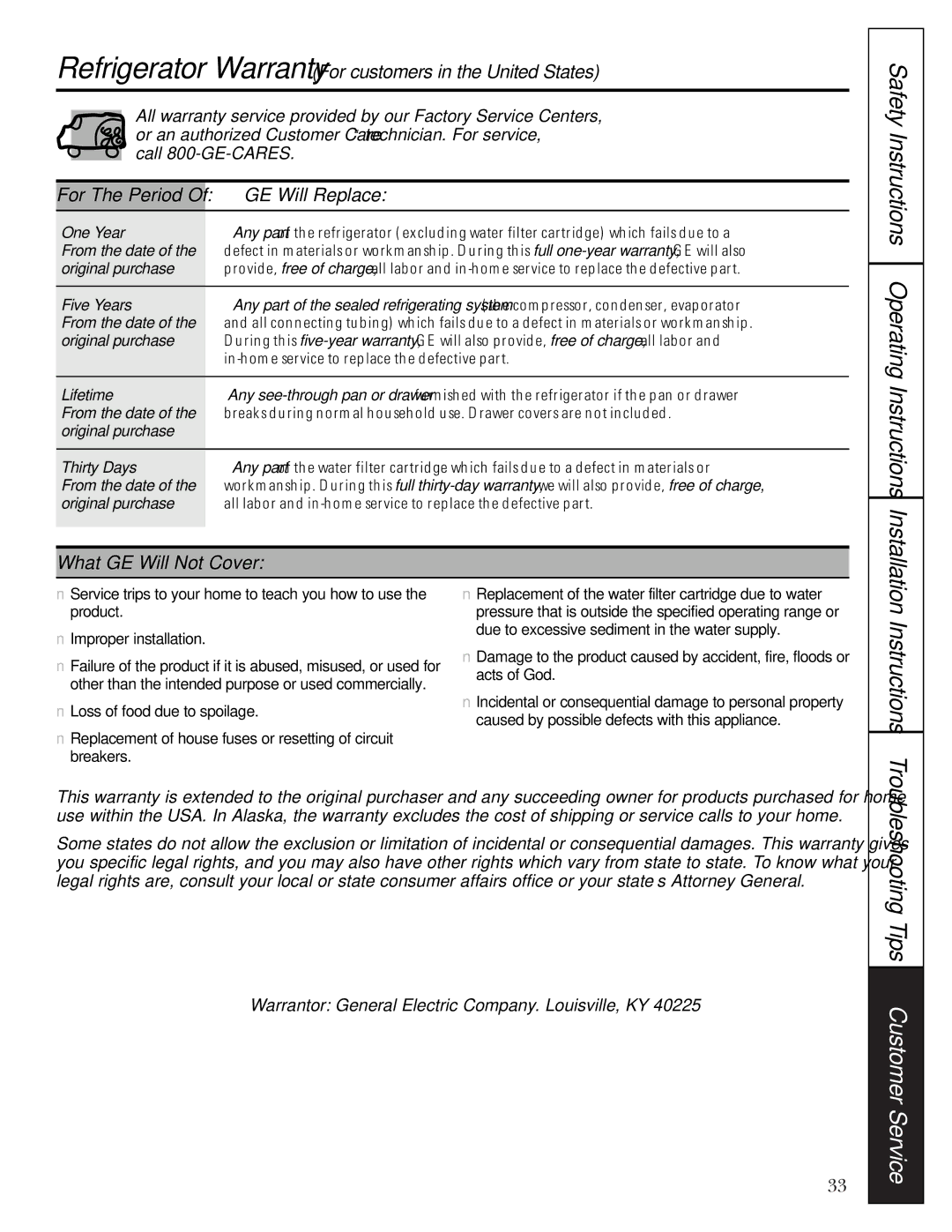 GE 49-60021-2 Safety Instructions Operating Instructions Installation, GE Will Replace, What GE Will Not Cover 