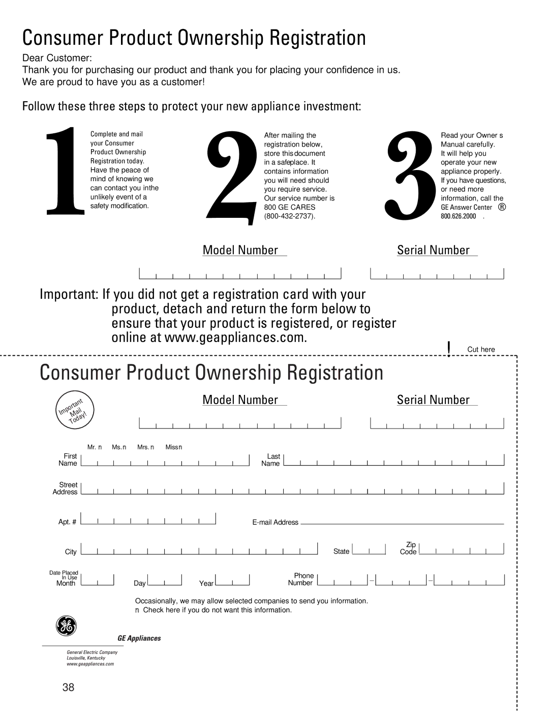 GE 24 CustomStyle, 49-60021-2, 162D9617P008 owner manual Consumer Product Ownership Registration 