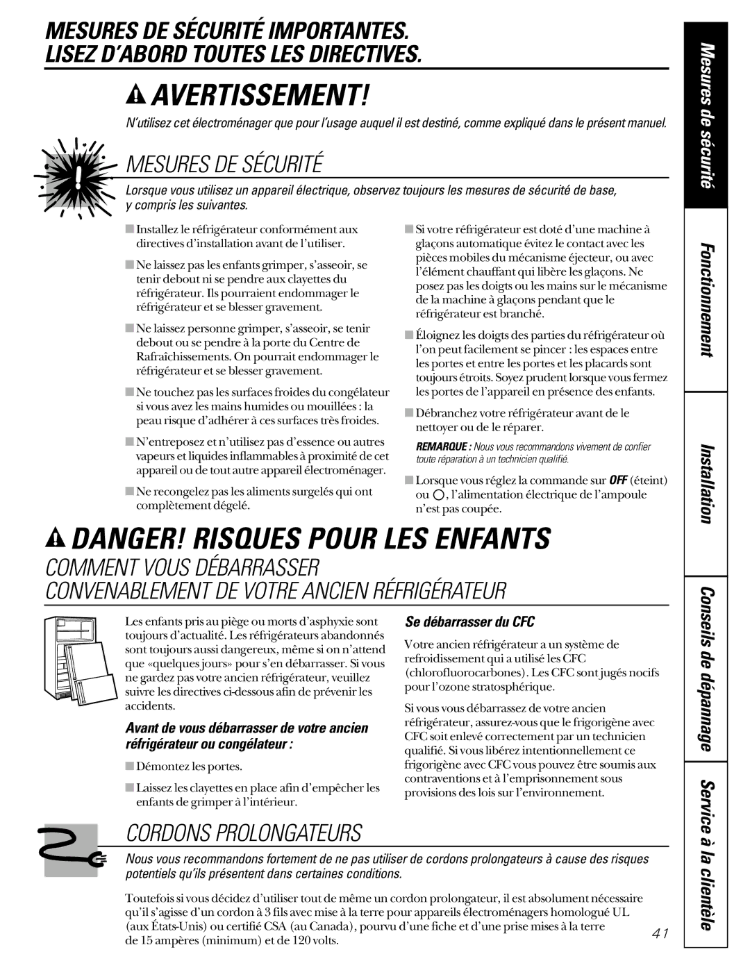 GE 24 CustomStyle, 49-60021-2, 162D9617P008 owner manual La clientèle, De dépannage Service, Se débarrasser du CFC 