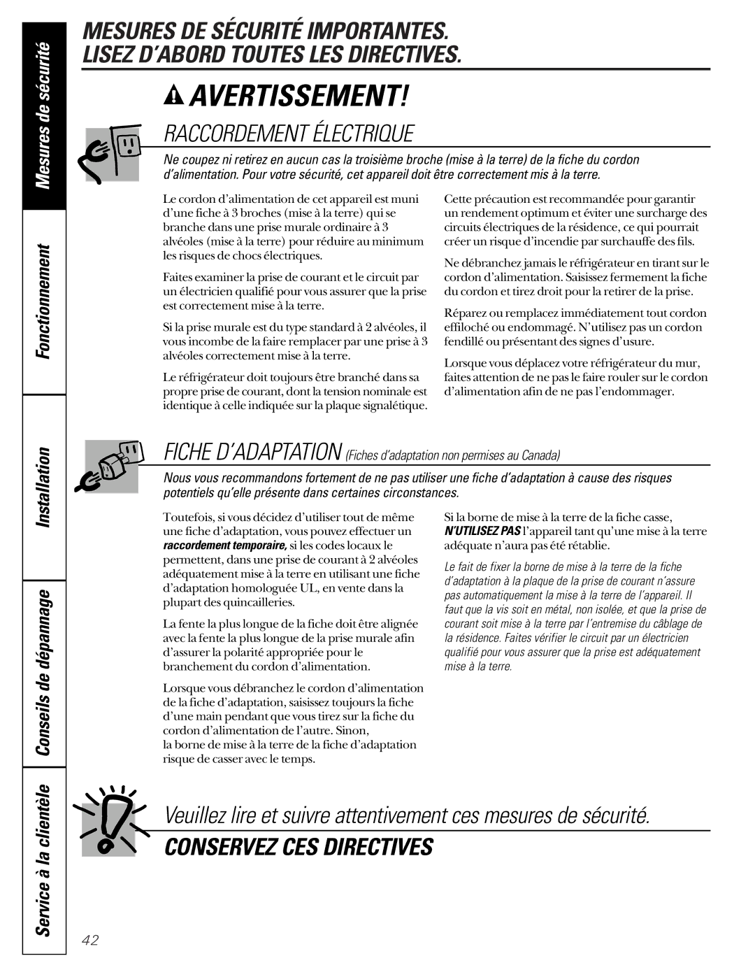 GE 49-60021-2, 162D9617P008, 24 CustomStyle owner manual Raccordement Électrique, Conseils de dépannage 