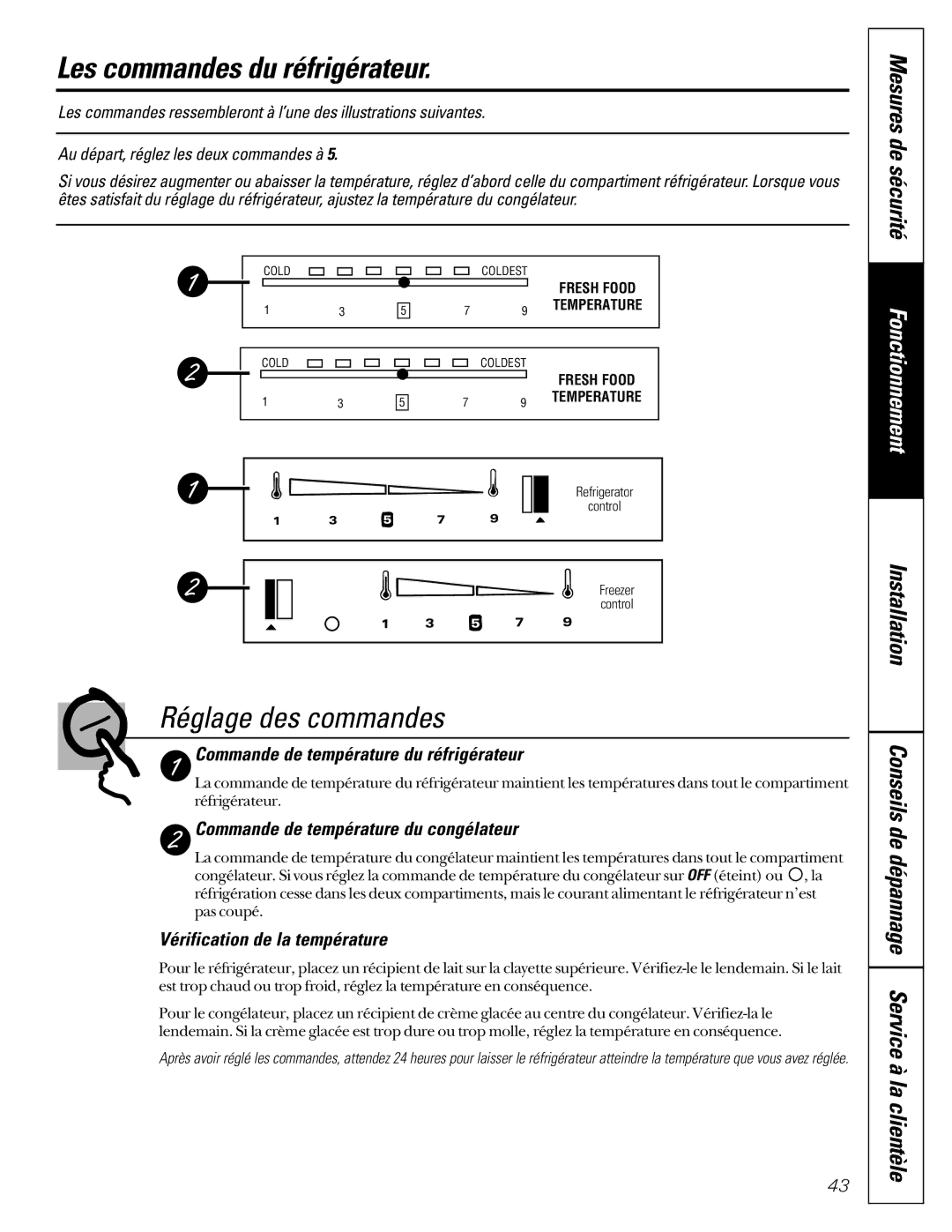 GE 162D9617P008, 49-60021-2, 24 CustomStyle Les commandes du réfrigérateur, Réglage des commandes, Mesures de sécurité 