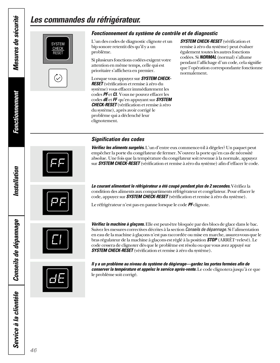 GE 162D9617P008, 49-60021-2, 24 CustomStyle Fonctionnement du système de contrôle et de diagnostic, Signification des codes 