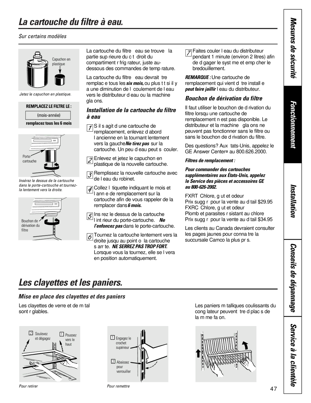 GE 24 CustomStyle, 49-60021-2 La cartouche du filtre à eau, Les clayettes et les paniers, Mesures, Dépannage, Conseils de 