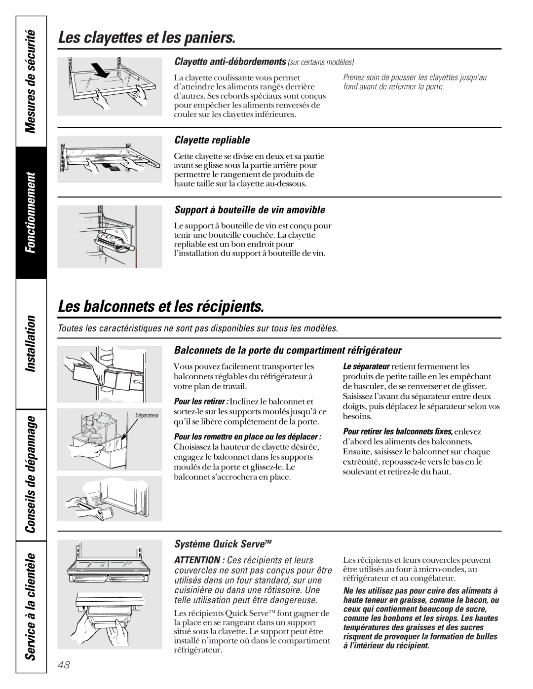 GE 49-60021-2, 162D9617P008, 24 CustomStyle owner manual Les balconnets et les récipients, Service à la clientèle 