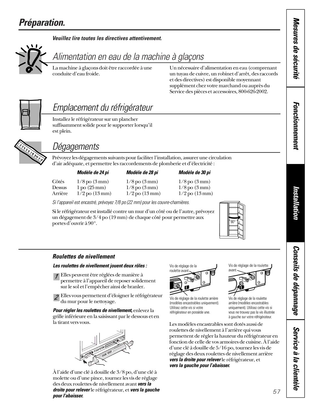 GE 49-60021-2 Préparation, Alimentation en eau de la machine à glaçons, Emplacement du réfrigérateur, Dégagements 