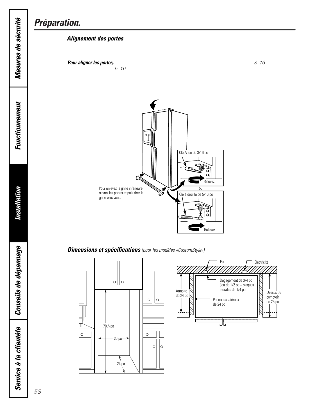 GE 162D9617P008, 49-60021-2, 24 CustomStyle owner manual La clientèle Conseils de dépannage, Alignement des portes 