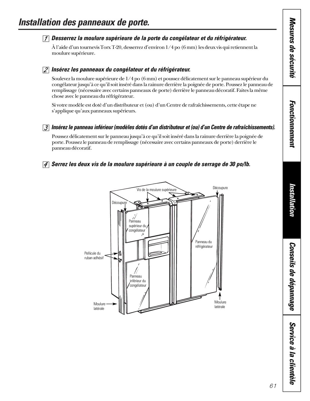 GE 162D9617P008, 49-60021-2 Installation des panneaux de porte, Insérez les panneaux du congélateur et du réfrigérateur 