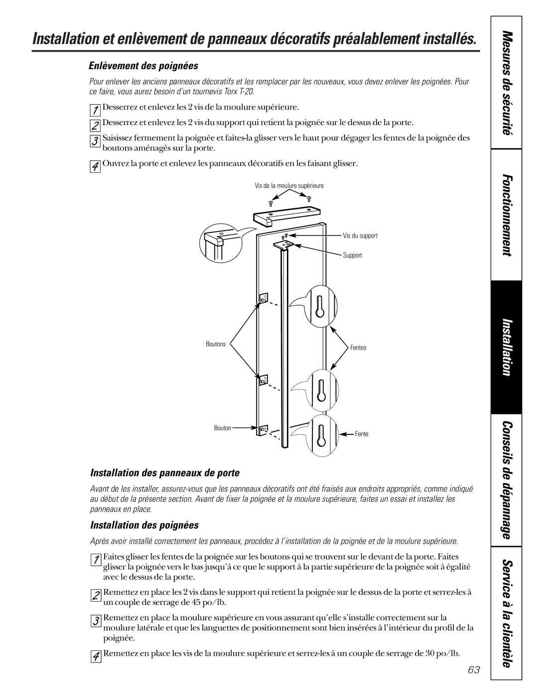 GE 49-60021-2 Enlèvement des poignées, Installation des panneaux de porte, Installation des poignées, Bouton Fente 