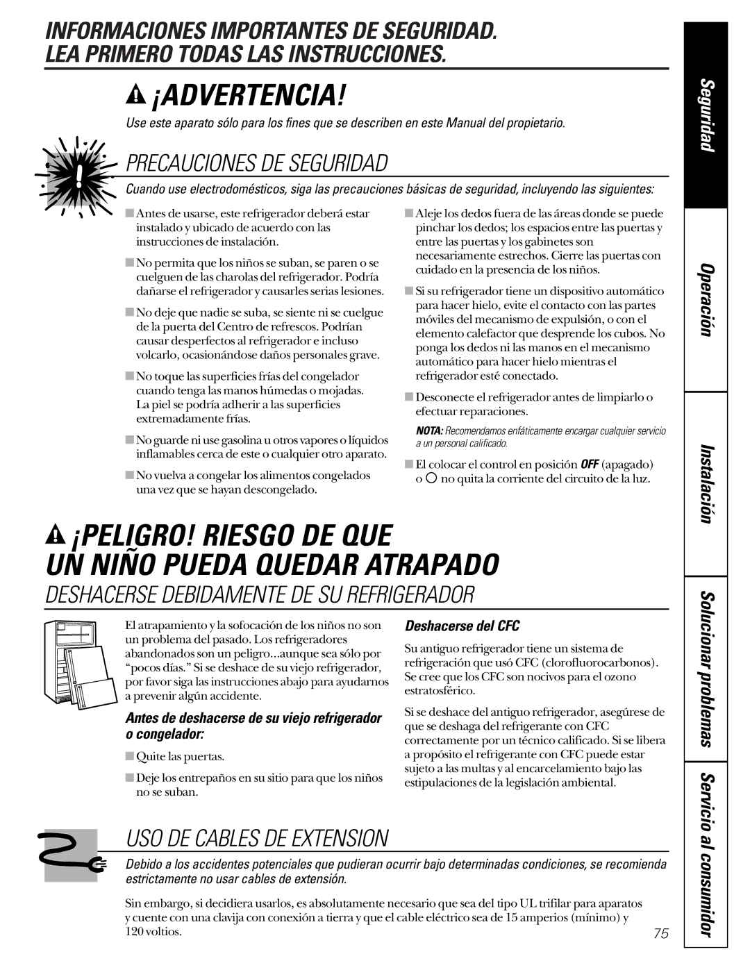 GE 49-60021-2 Al consumidor, Instalación, Antes de deshacerse de su viejo refrigerador o congelador, Deshacerse del CFC 