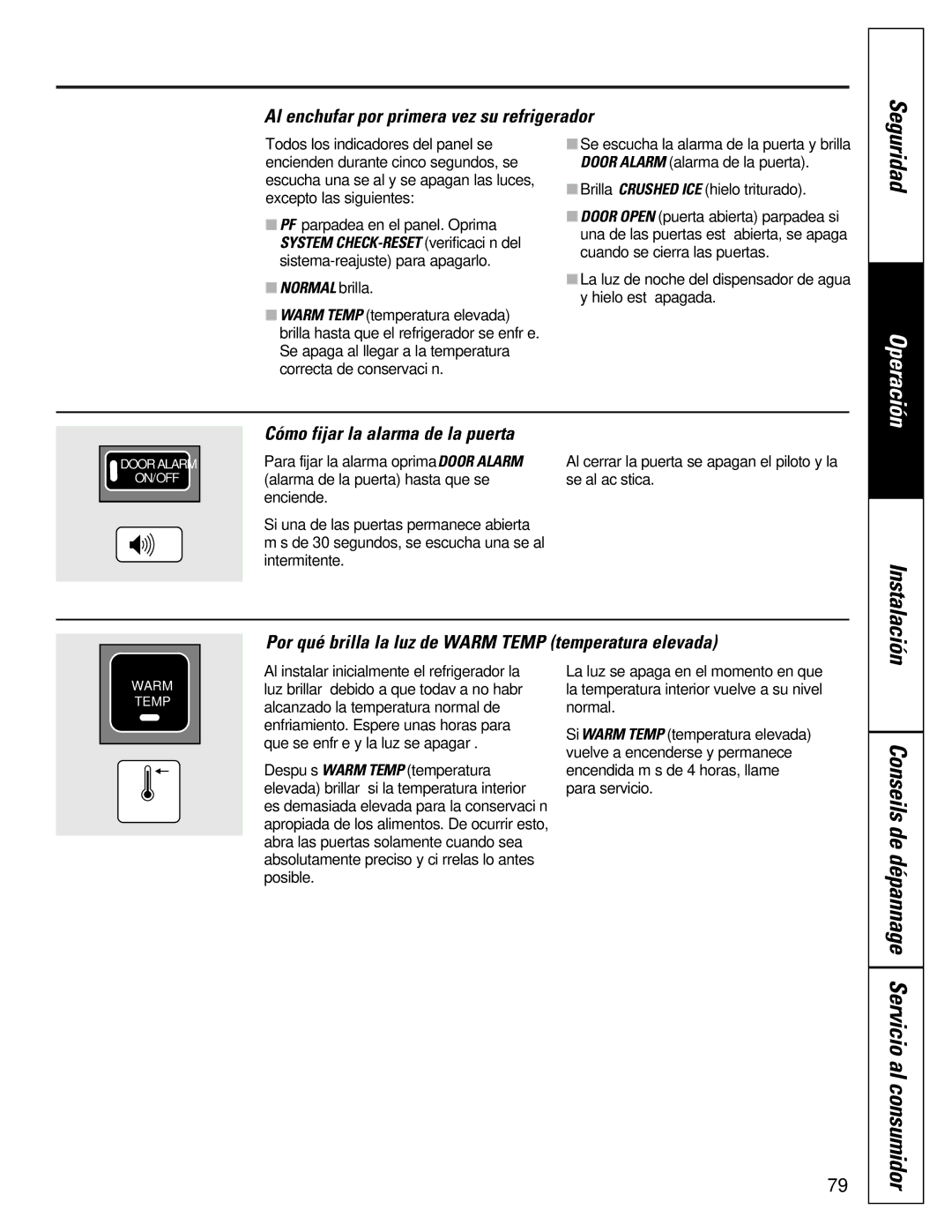 GE 162D9617P008, 49-60021-2 Al enchufar por primera vez su refrigerador, Cómo fijar la alarma de la puerta, Normal brilla 