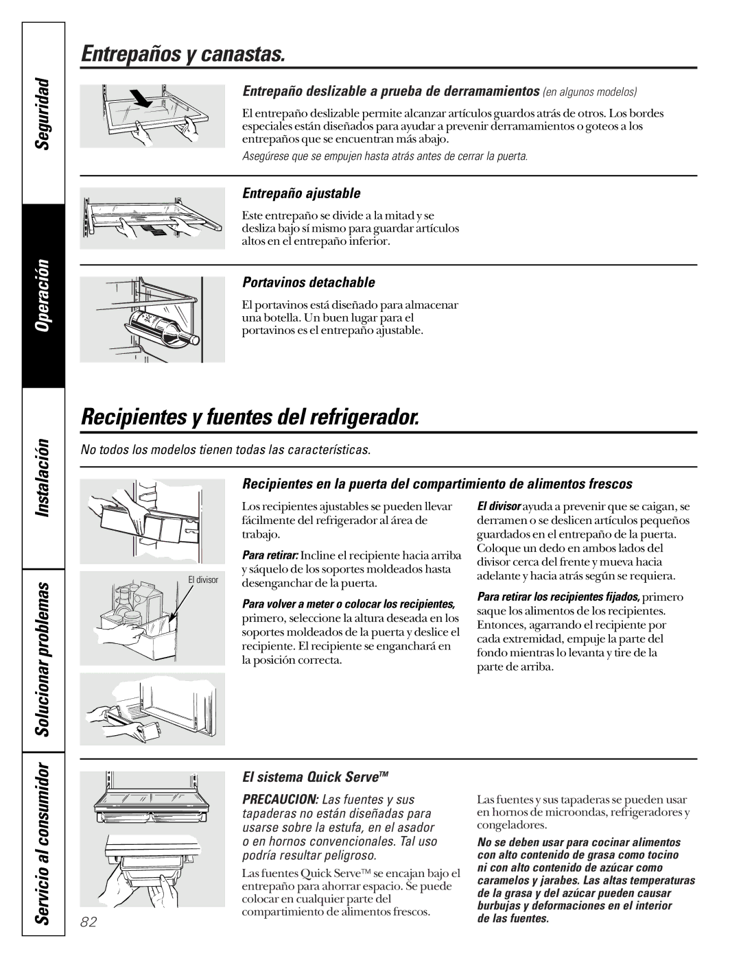 GE 162D9617P008, 49-60021-2 owner manual Recipientes y fuentes del refrigerador, Entrepaño ajustable, Portavinos detachable 